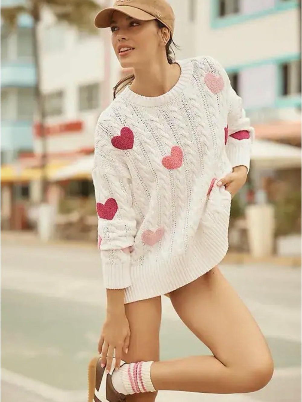 Beach Riot | Cable Knit Callie Heart Print Pullover Cotton Sweater